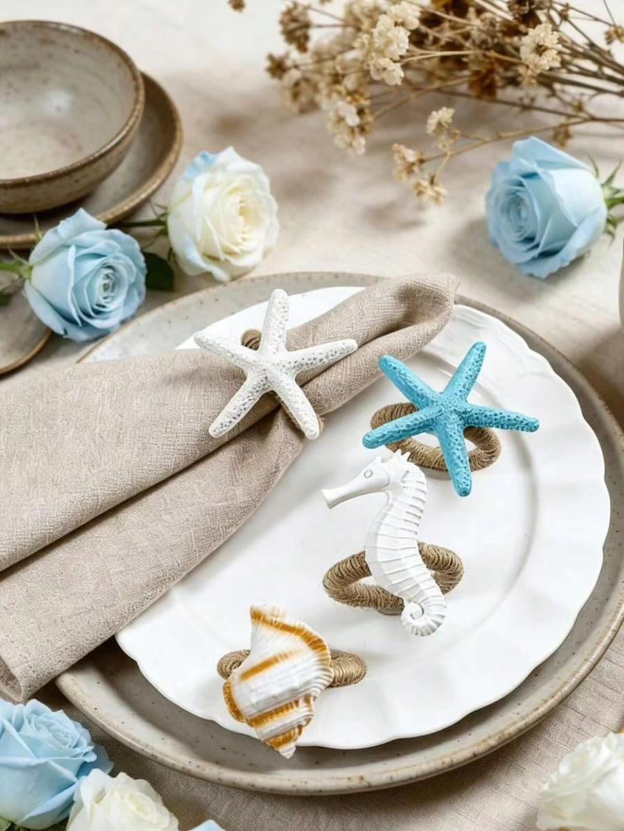 4-20pcs Handmade Woven Linen Rope White Resin Starfish Napkin Rings Napkin Holders For Outdoor Themed Holiday Table Decoration