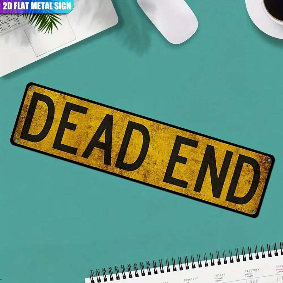 2D Flat - A Vintage Metal Wall Sign Measuring 4X16 Inches (10Cm X 40Cm) That Reads "DEAD END" In Black Lettering On A Yellow Background, Featuring Distressed Edges. This Rustic Decor Piece Is Suitable For Indoor And Outdoor Use, Perfect For Homes
