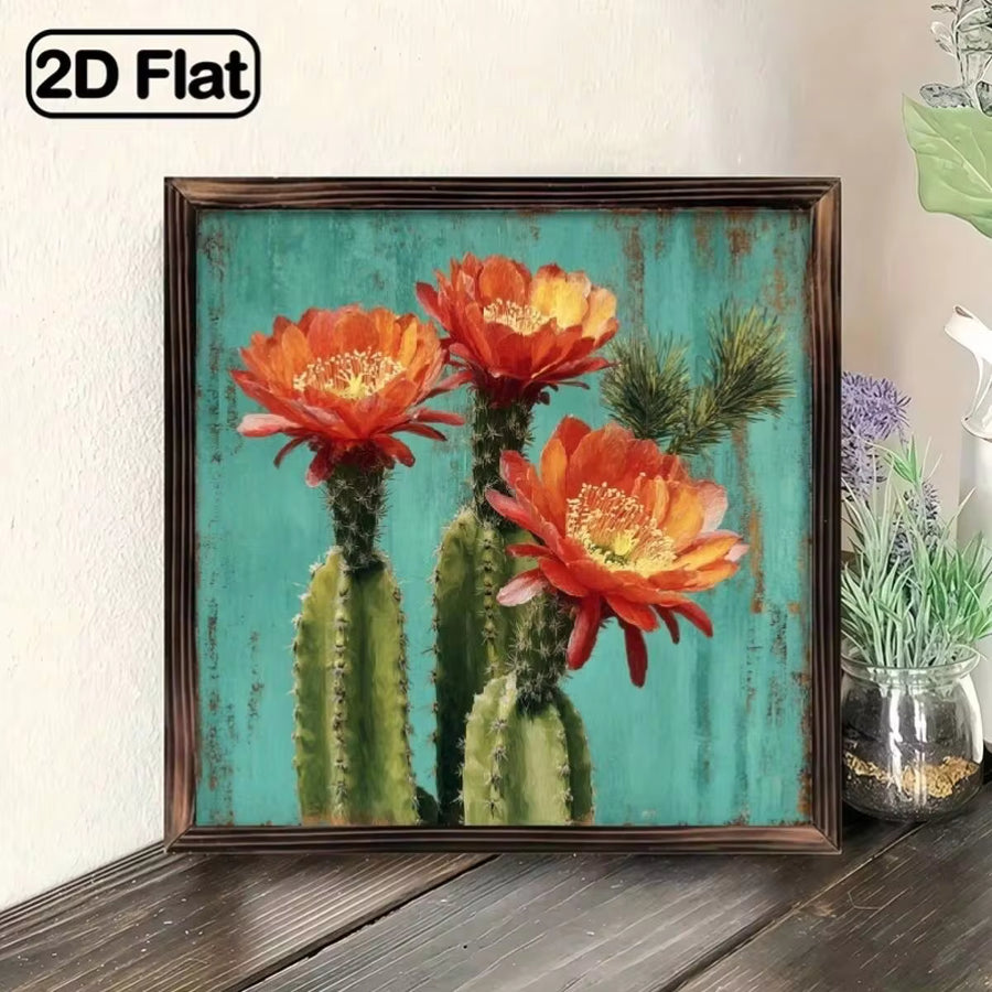1pc Rustic Wooden Hanging Panel 8x 8inch - Vibrant Cactus Flower Art Wall Decor With Turquoise - Green Cactus And Orange Flowers, Natural Wood Frame, Multi-Purpose, Suitable For Bathroom, Garden, Cafe, Bar, Office, Holiday